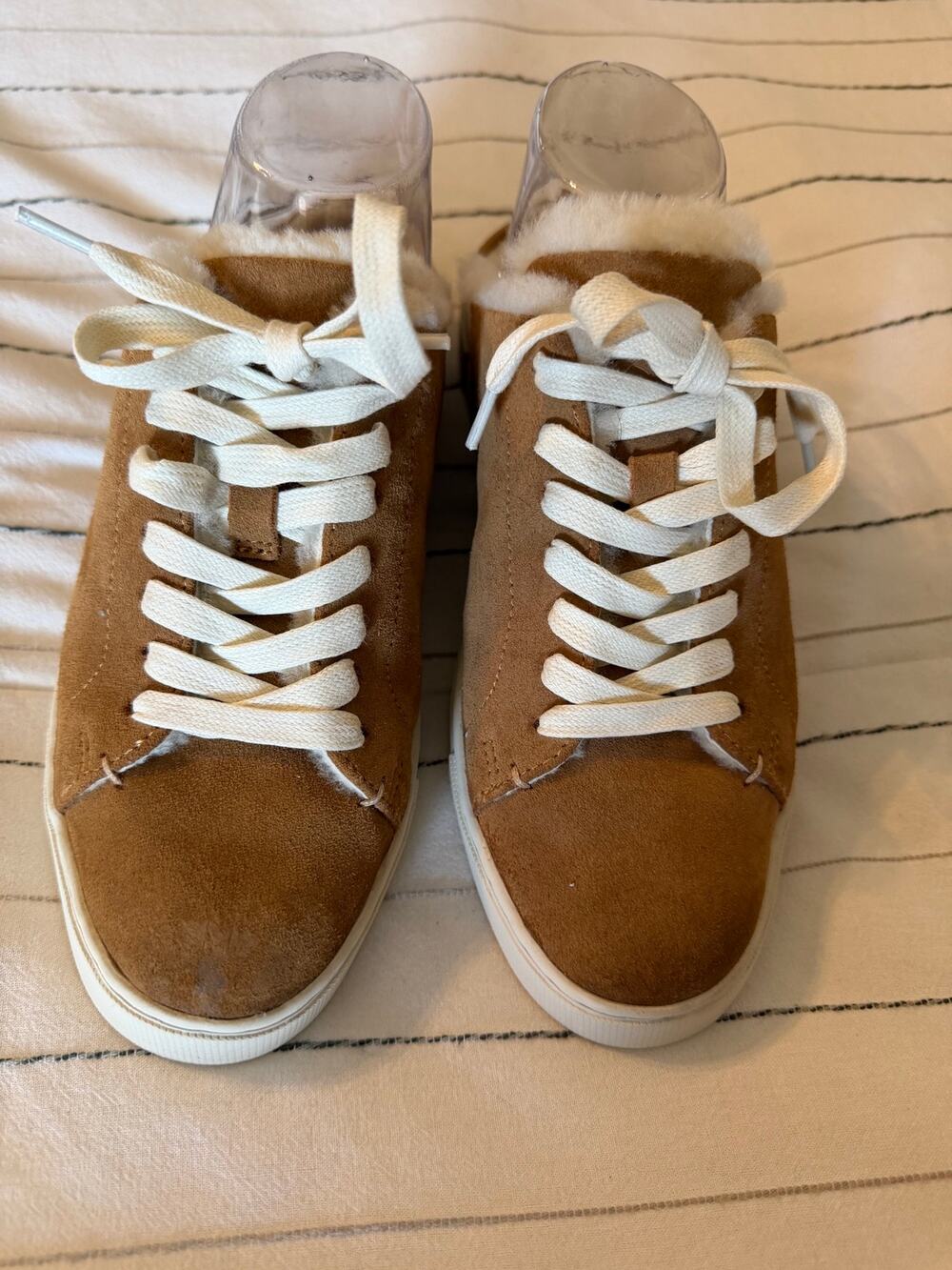 Frye Ivy Tan Suede Genuine Shearling Sneaker Mules